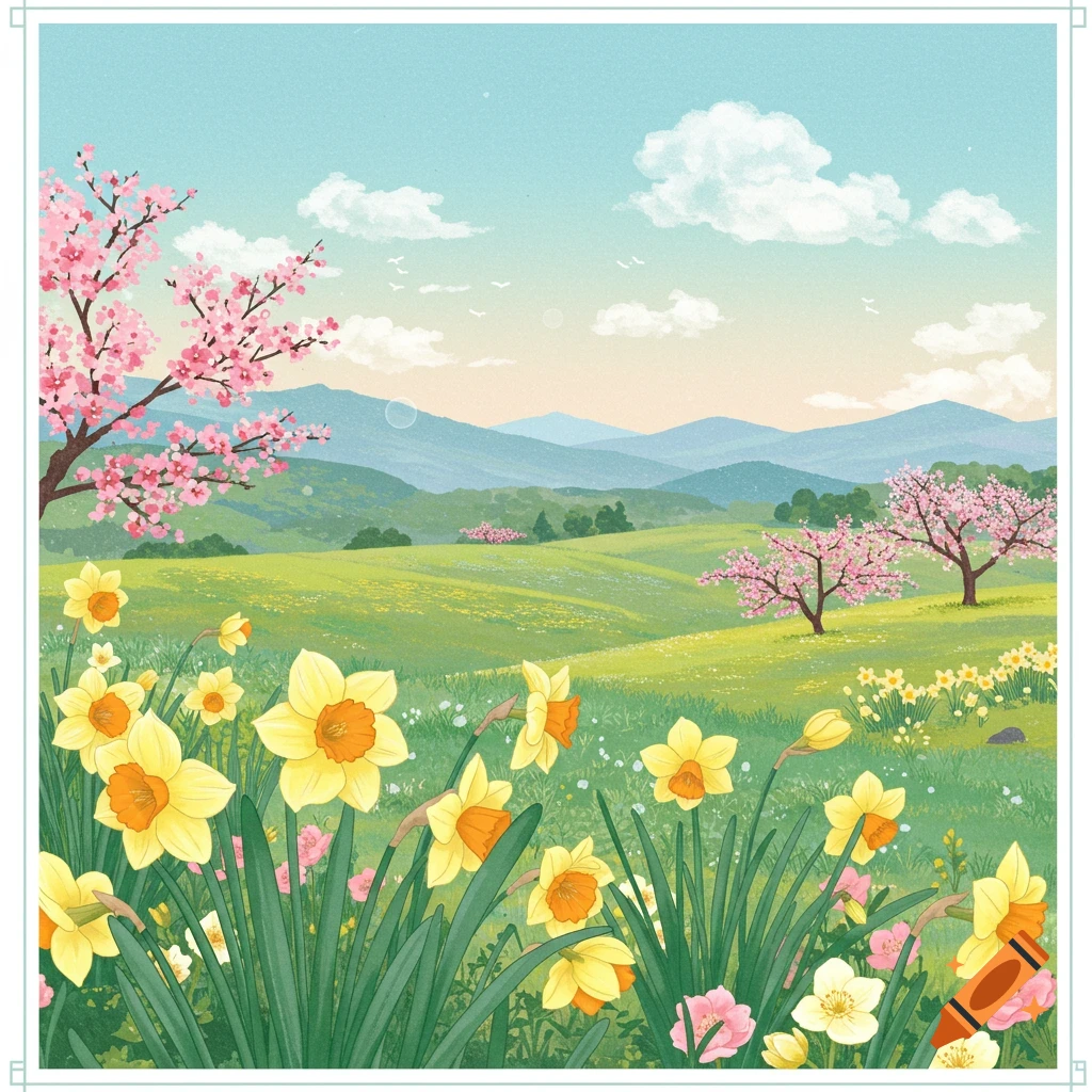 A spring landscape with rolling hills, cherry blossom trees, and daffodils in the foreground.