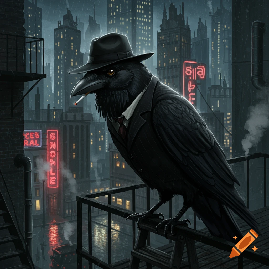 A gangster raven in a suit and hat smoking on a rainy city rooftop at night.