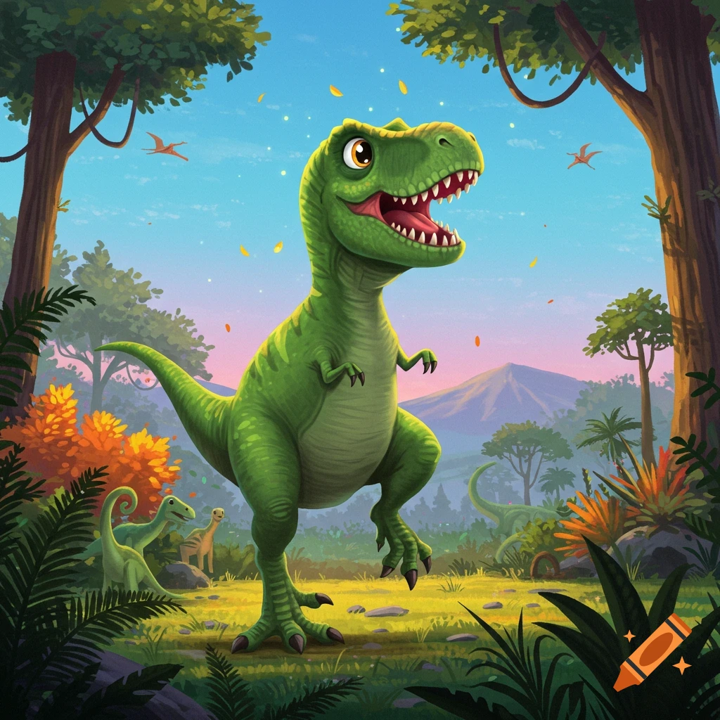 A cheerful cartoon green Tyrannosaurus Rex in a lush prehistoric jungle.