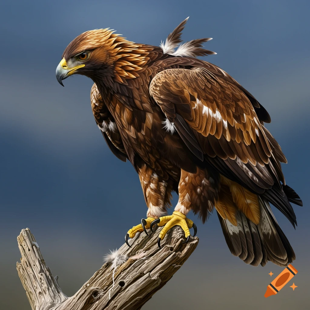 A golden eagle perched on a dead branch against a cloudy sky.