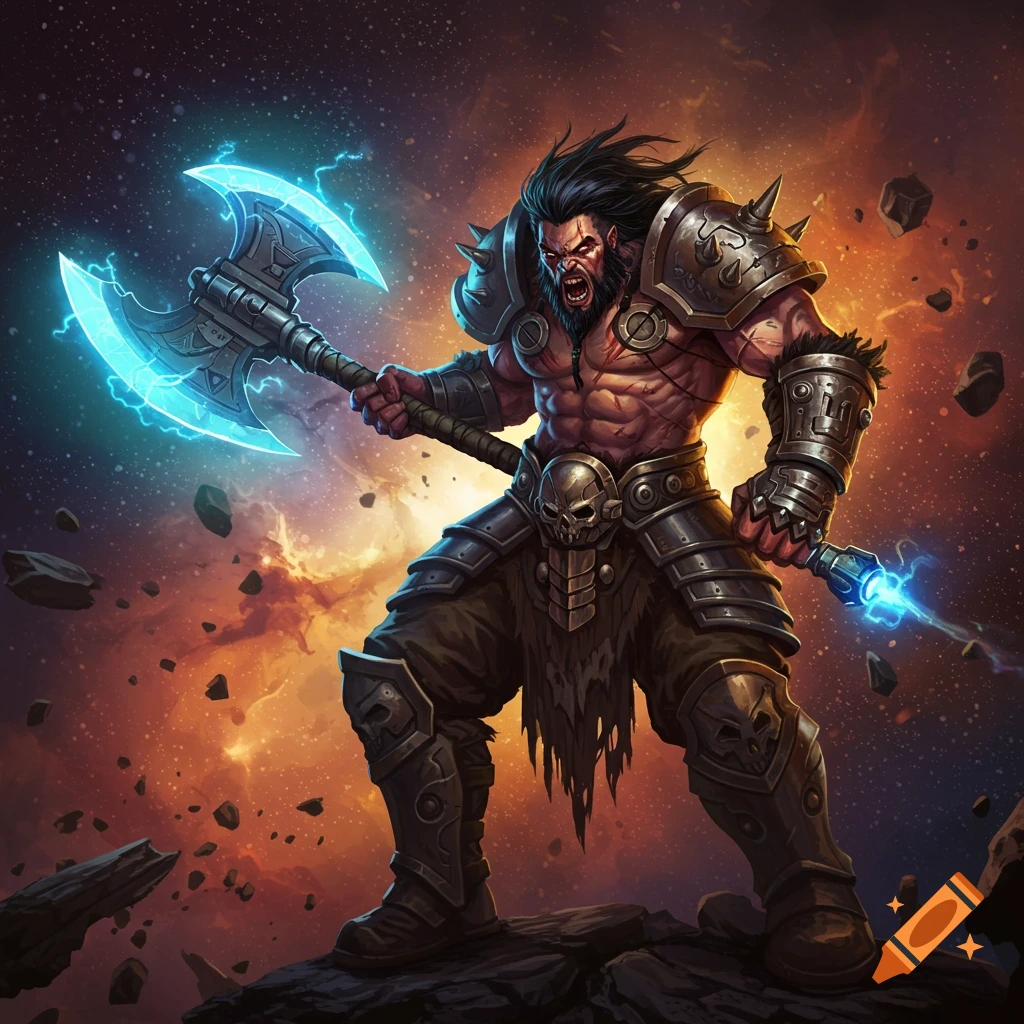 Muscular barbarian warrior with a glowing axe stands on rocks against a dramatic space nebula background.