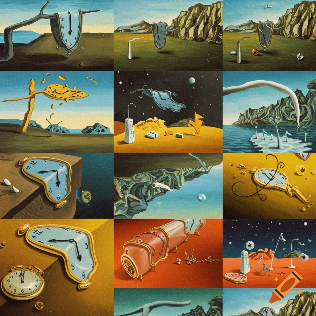 A grid of paintings in the style of Salvador Dali, showing melting clocks in various strange landscapes.
