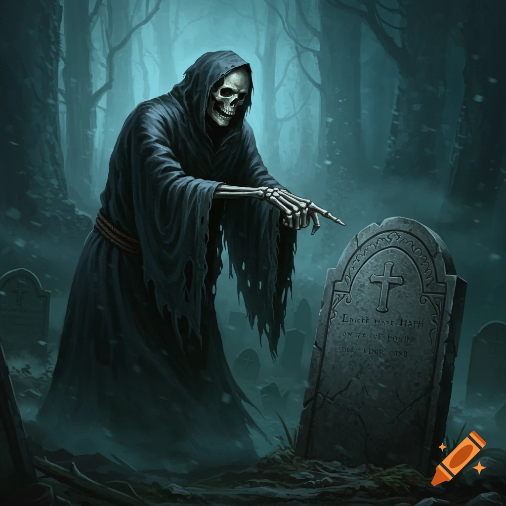The Grim Reaper points at a tombstone in a misty graveyard.