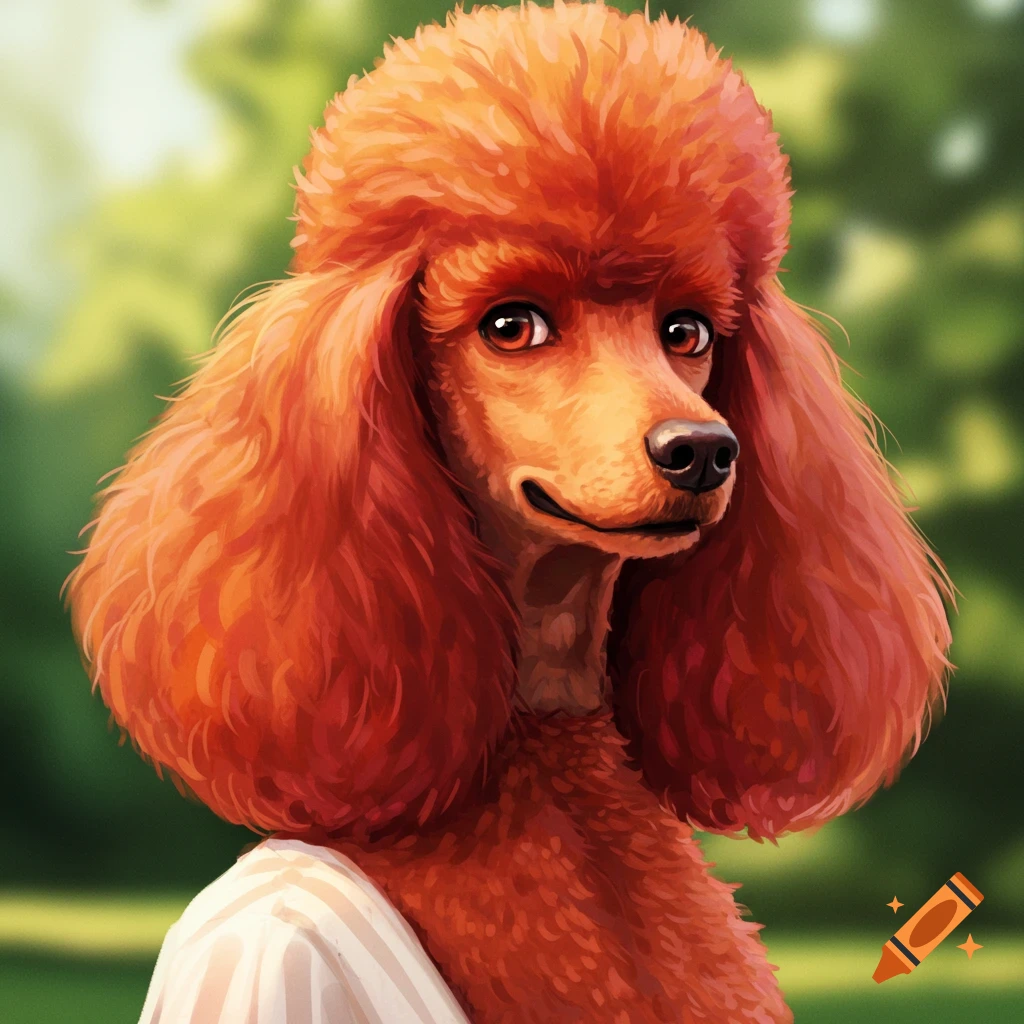 A red poodle with human-like features is standing outdoors.
