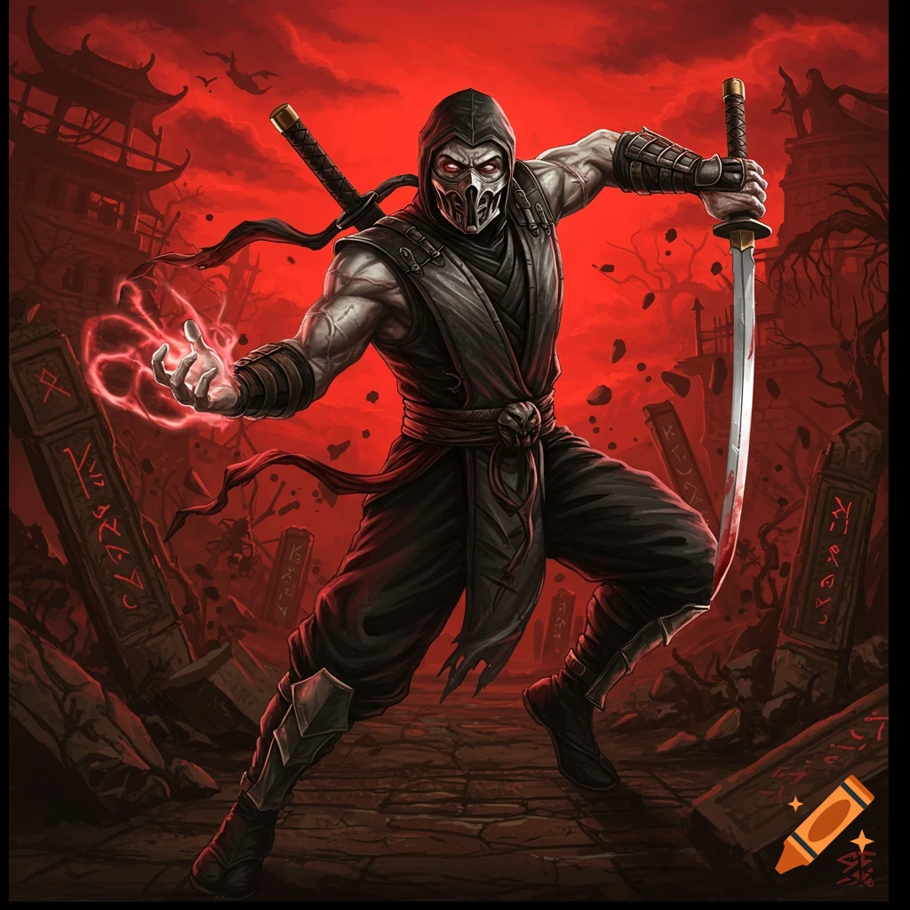A dark ninja stands with a sword and red magic in a ruined, red landscape.
