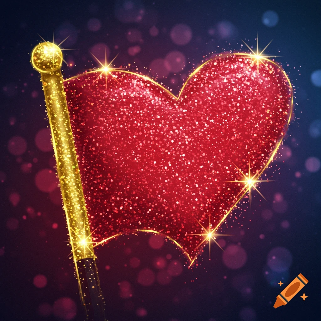 Sparkly red heart flag on a gold pole with bokeh background