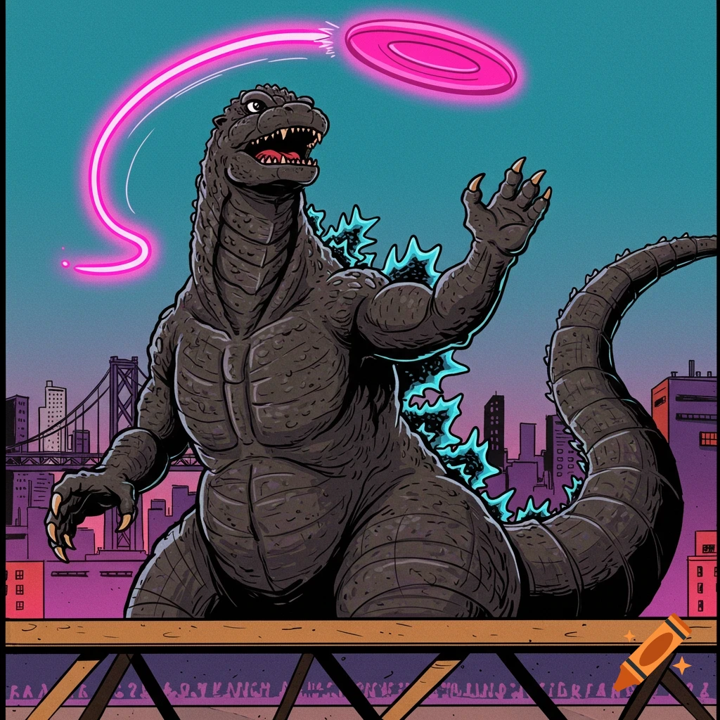 Stylized illustration of Godzilla reaching for a glowing pink frisbee over a city skyline.