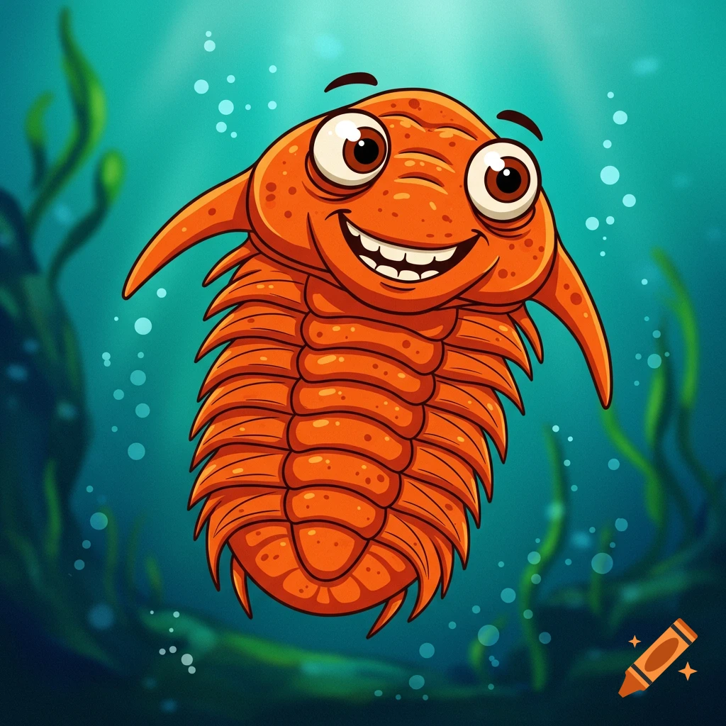 Cartoon orange trilobite swimming underwater.