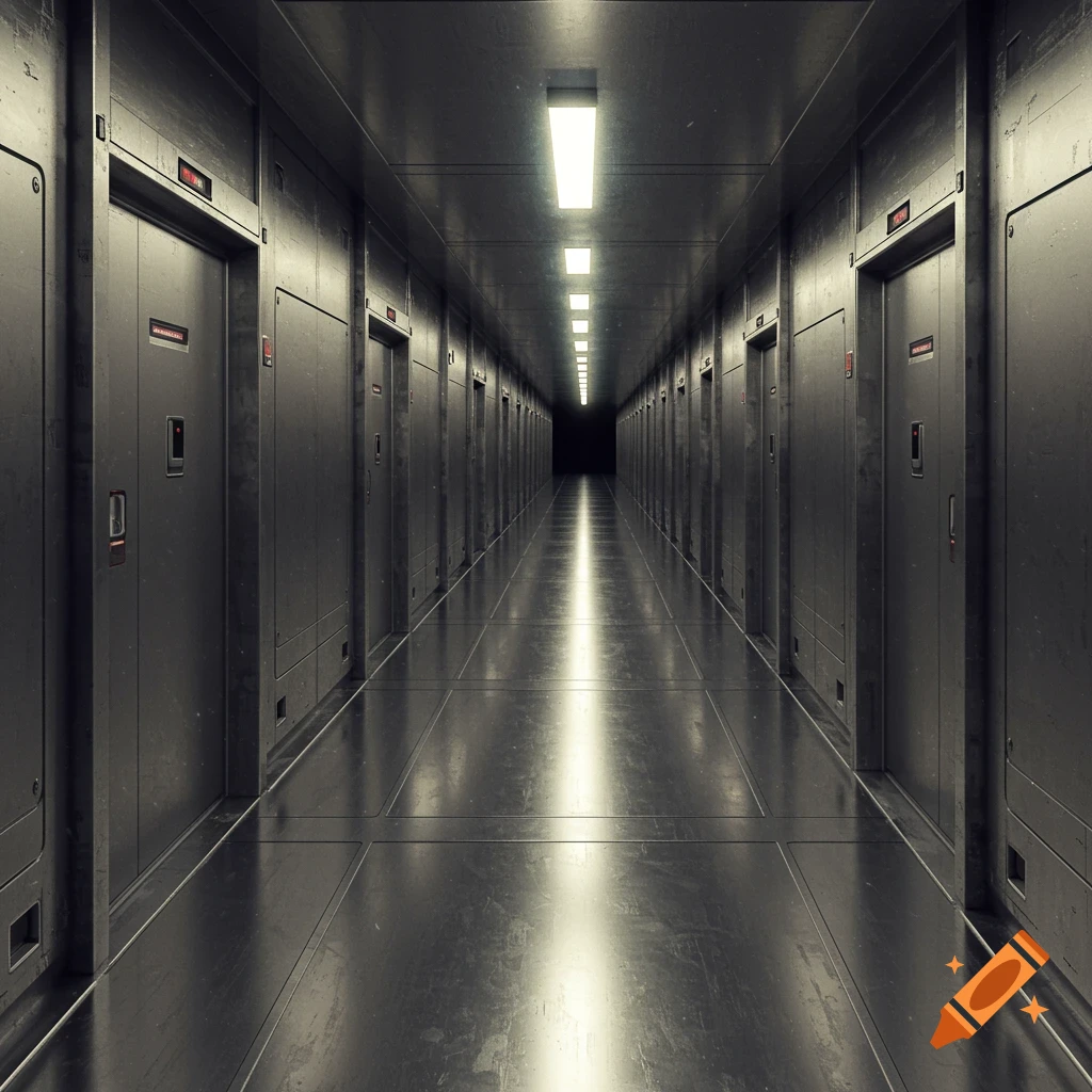 A long, dark, metallic hallway stretches into the distance, lined with doors.