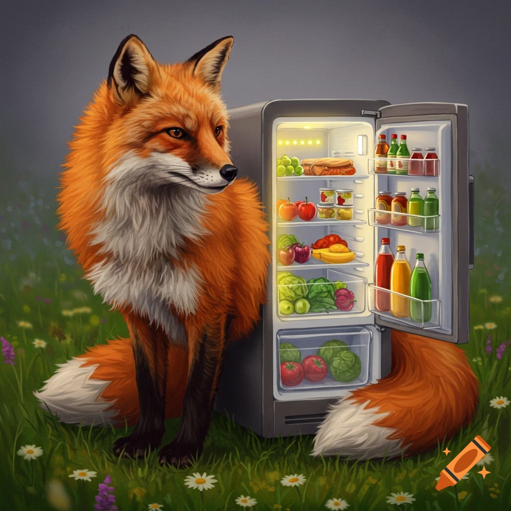 A fox stands next to an open refrigerator filled with food in a grassy field.