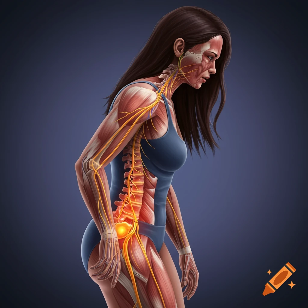 Medical illustration of a woman's spine, muscles, and nerves with pain highlighted.