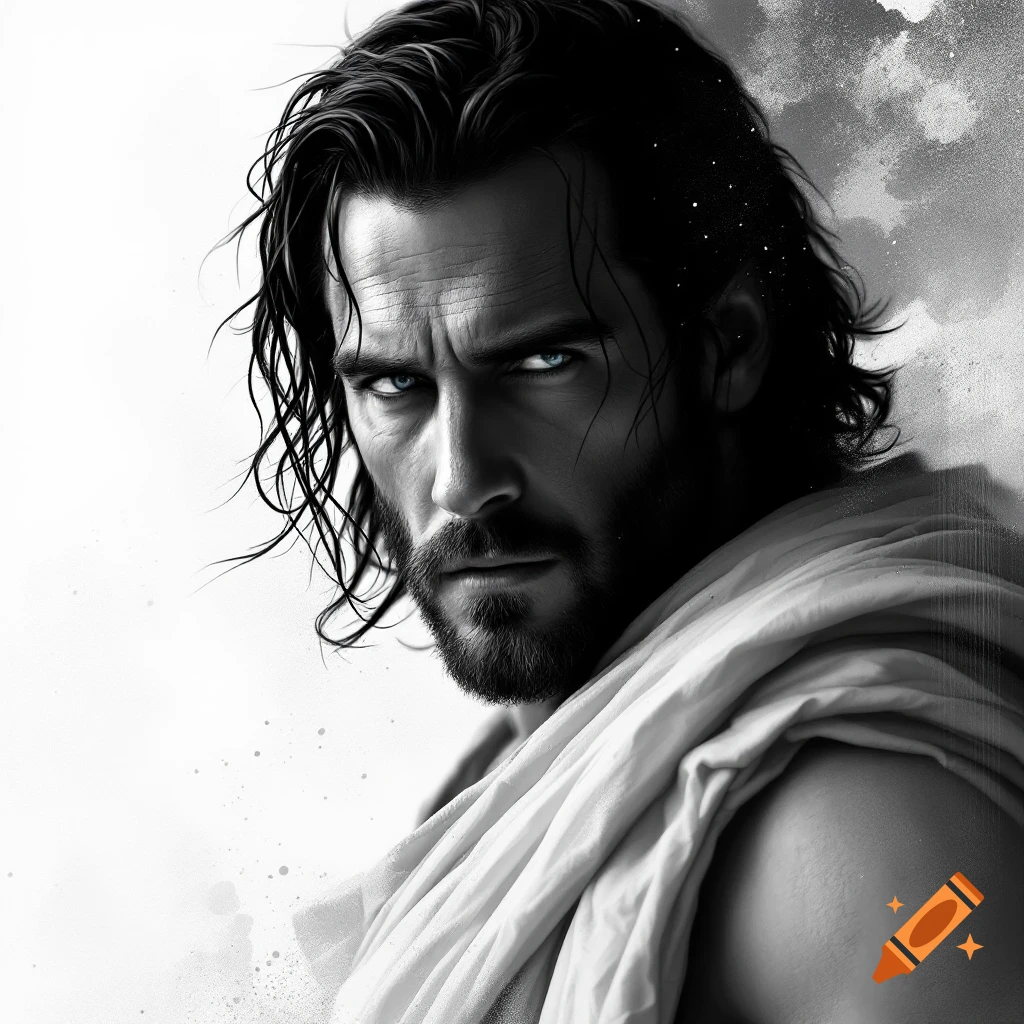 Dramatic black and white portrait of a man with long hair and beard looking intently at the viewer.