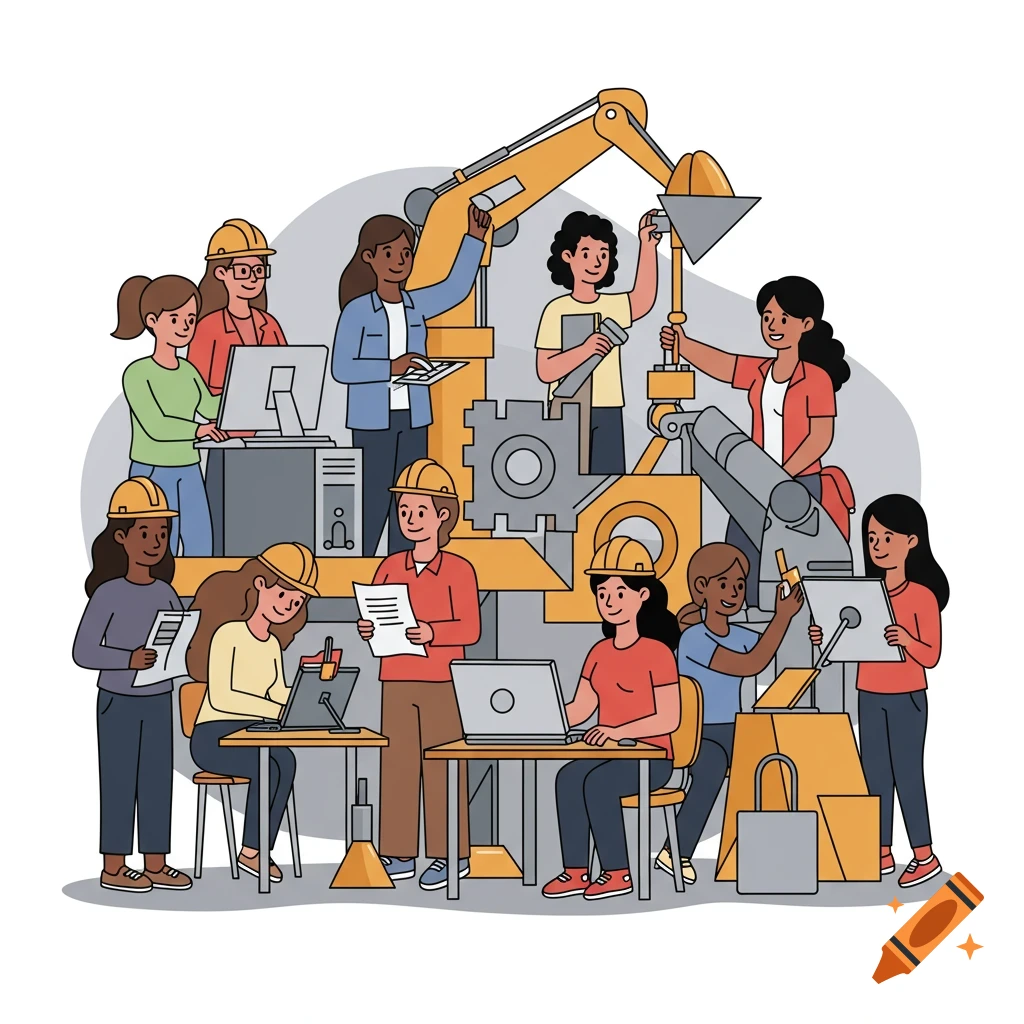 Cartoon illustration of women engineers working on computers and machinery in a group.
