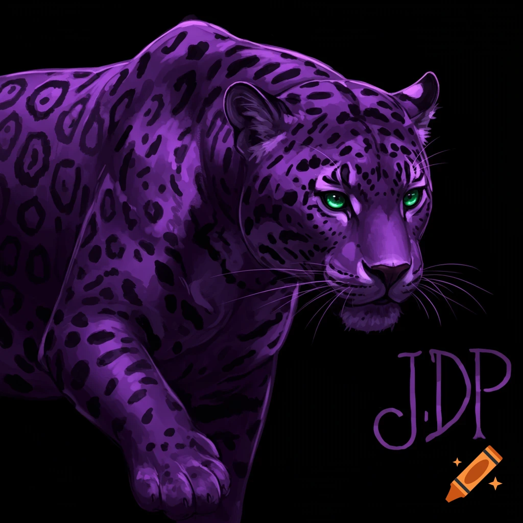 A purple and black jaguar with bright green eyes.