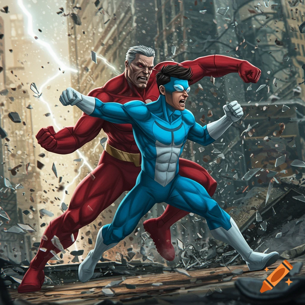 Two superheroes, one in red and one in blue, fight amidst the destruction of a city street with lightning.