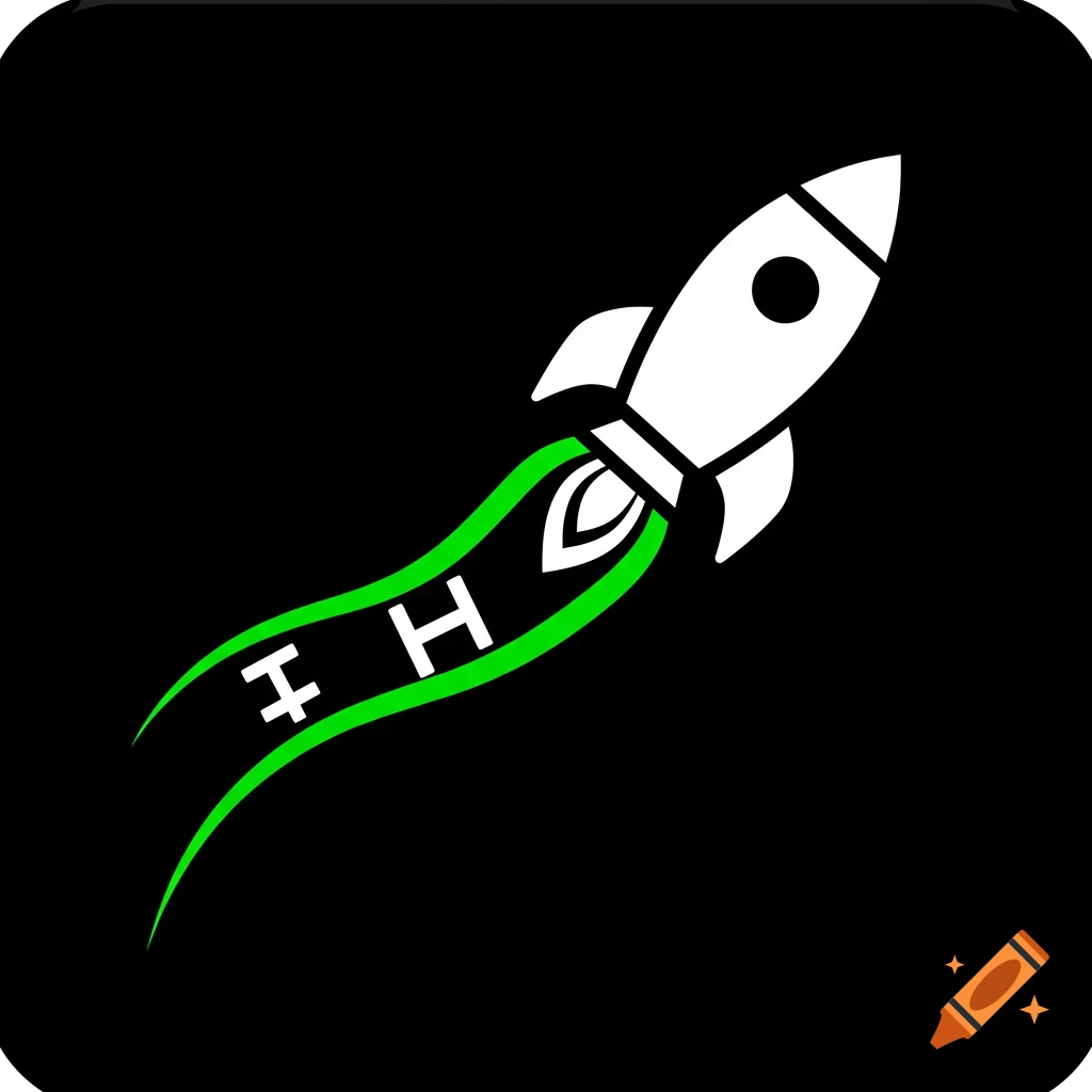 A white outline of a rocket flies diagonally upwards on a black background. Its green trail contains the white letters I H.