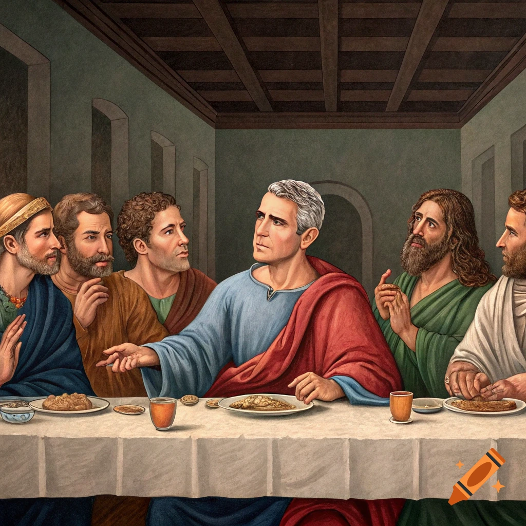 Several men seated at a long table in a scene styled after The Last Supper painting.