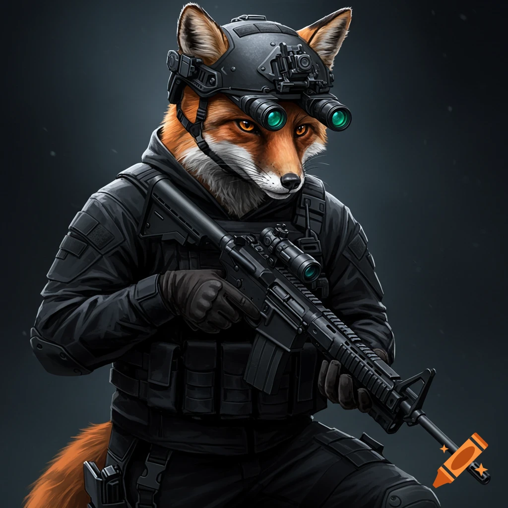 An anthropomorphic fox in black tactical gear with night vision goggles, holding a rifle.
