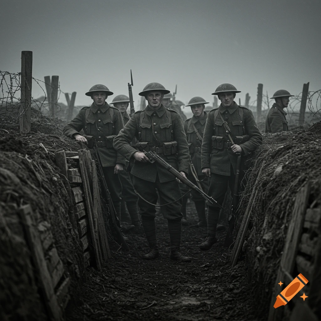 Soldiers standing in a muddy World War 1 trench on a grey day