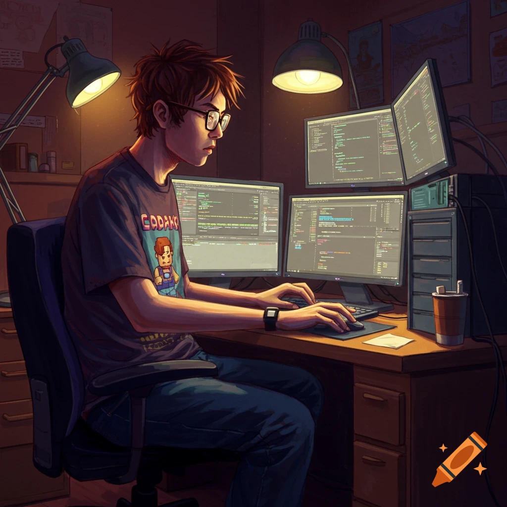 A person wearing glasses is coding on multiple computer monitors in a dimly lit room.