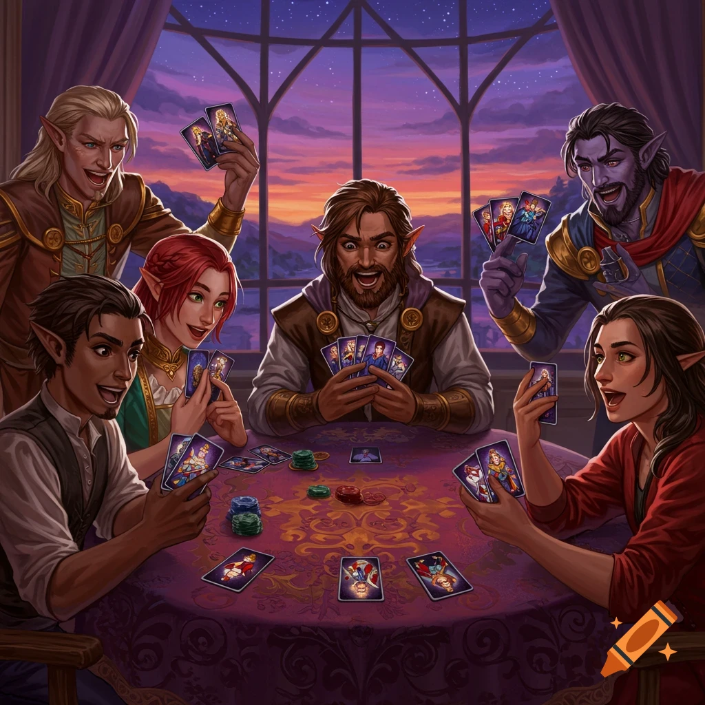 Fantasy characters are playing cards at a table during sunset.