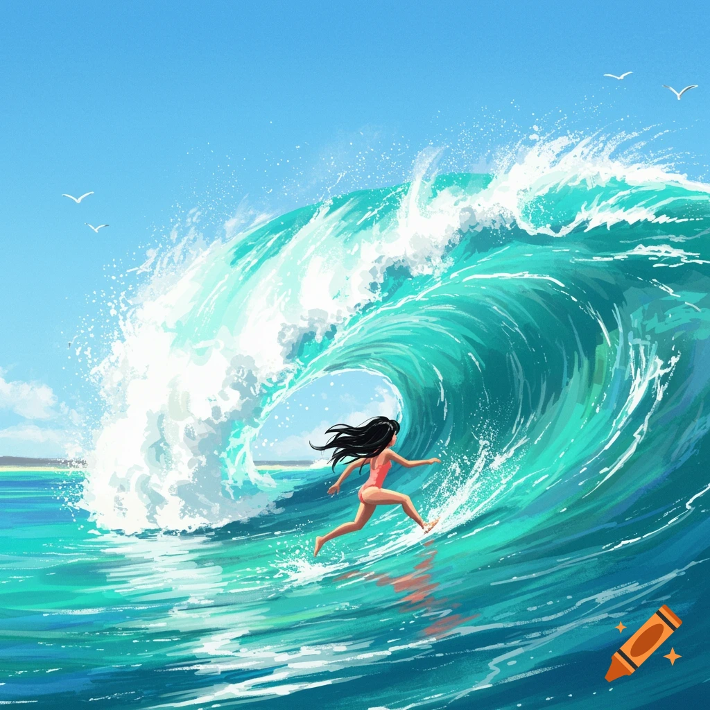 A girl surfing a large turquoise wave in the ocean.
