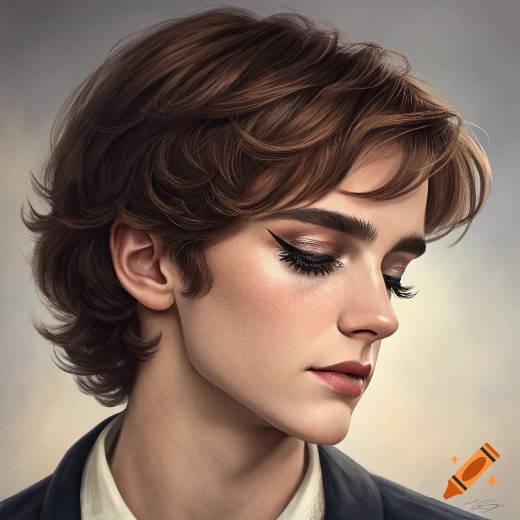 Close-up rendered portrait of a person with brown hair and dramatic eyeliner looking down.