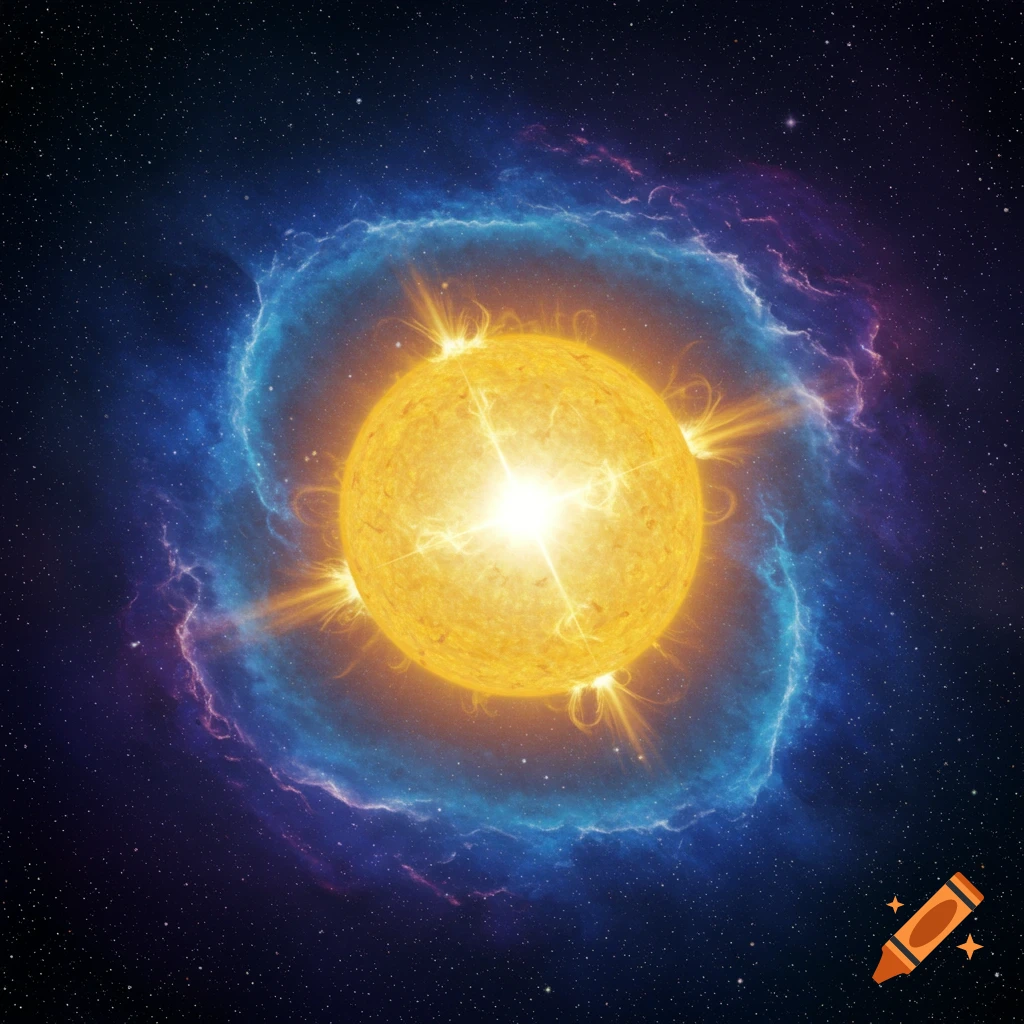 A bright yellow star surrounded by a colorful nebula in space.