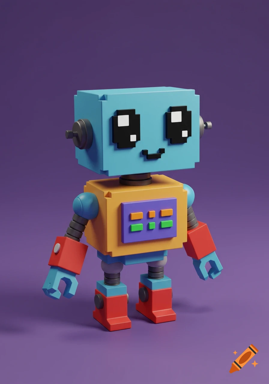 A colorful 3D rendered robot figure with pixelated eyes and features, in an 8-bit style against a purple background.