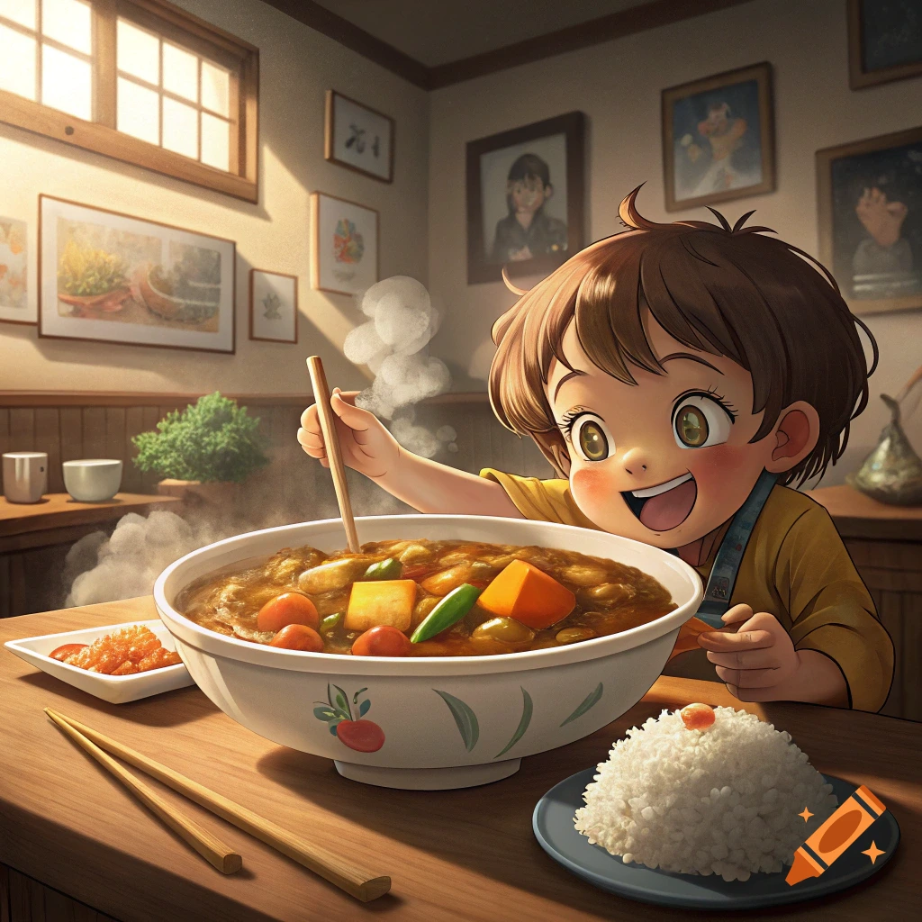 An anime-style illustration of a child happily eating a large bowl of Japanese curry.
