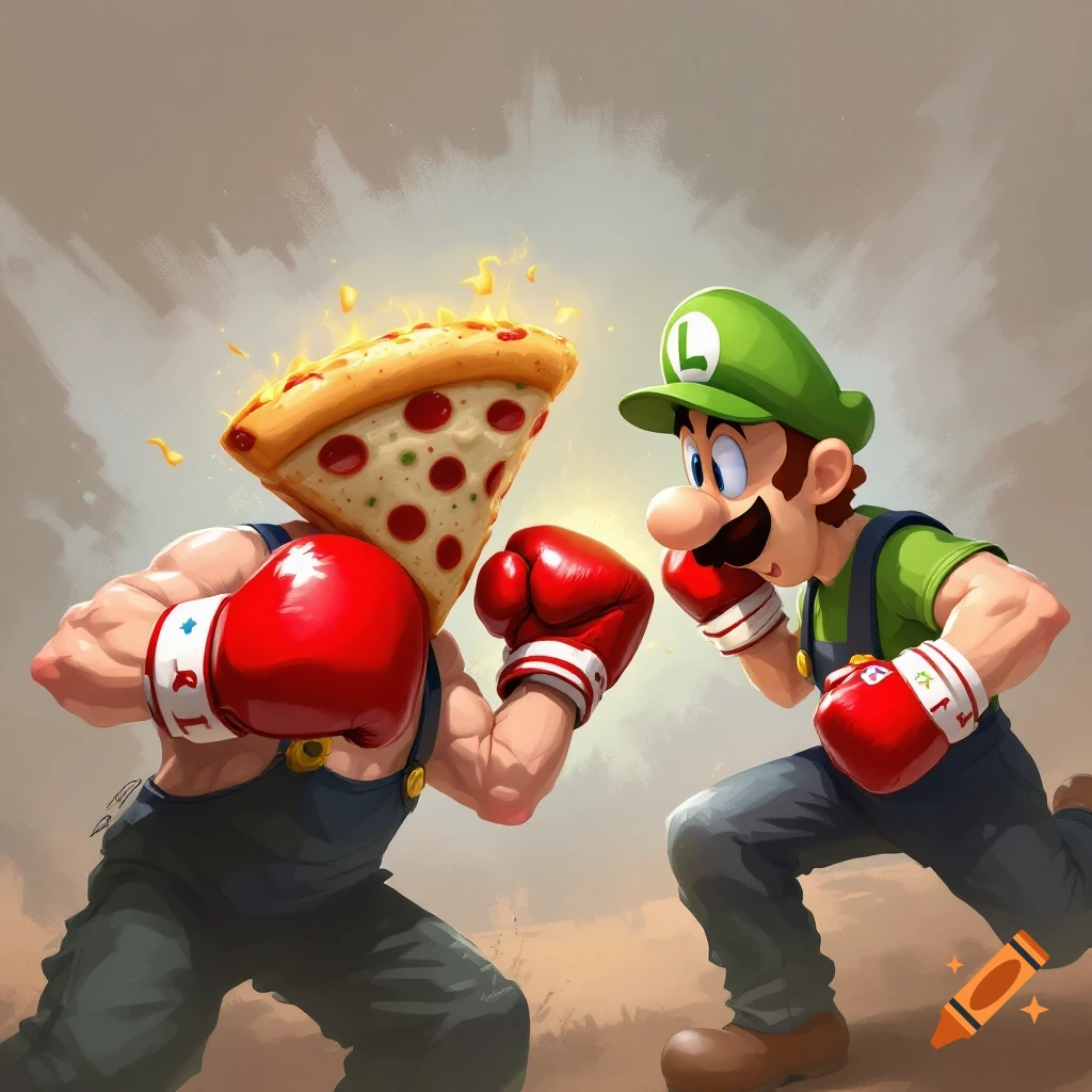 Cartoon of Luigi boxing a person with a pizza slice for a head.