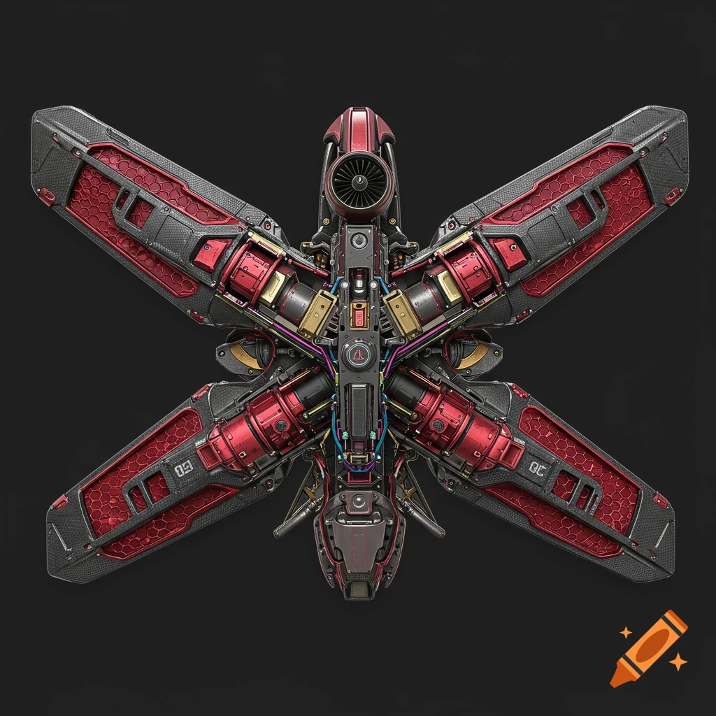 Highly detailed, top-down view of a red and black sci-fi mechanical quad-wing object with turbines.