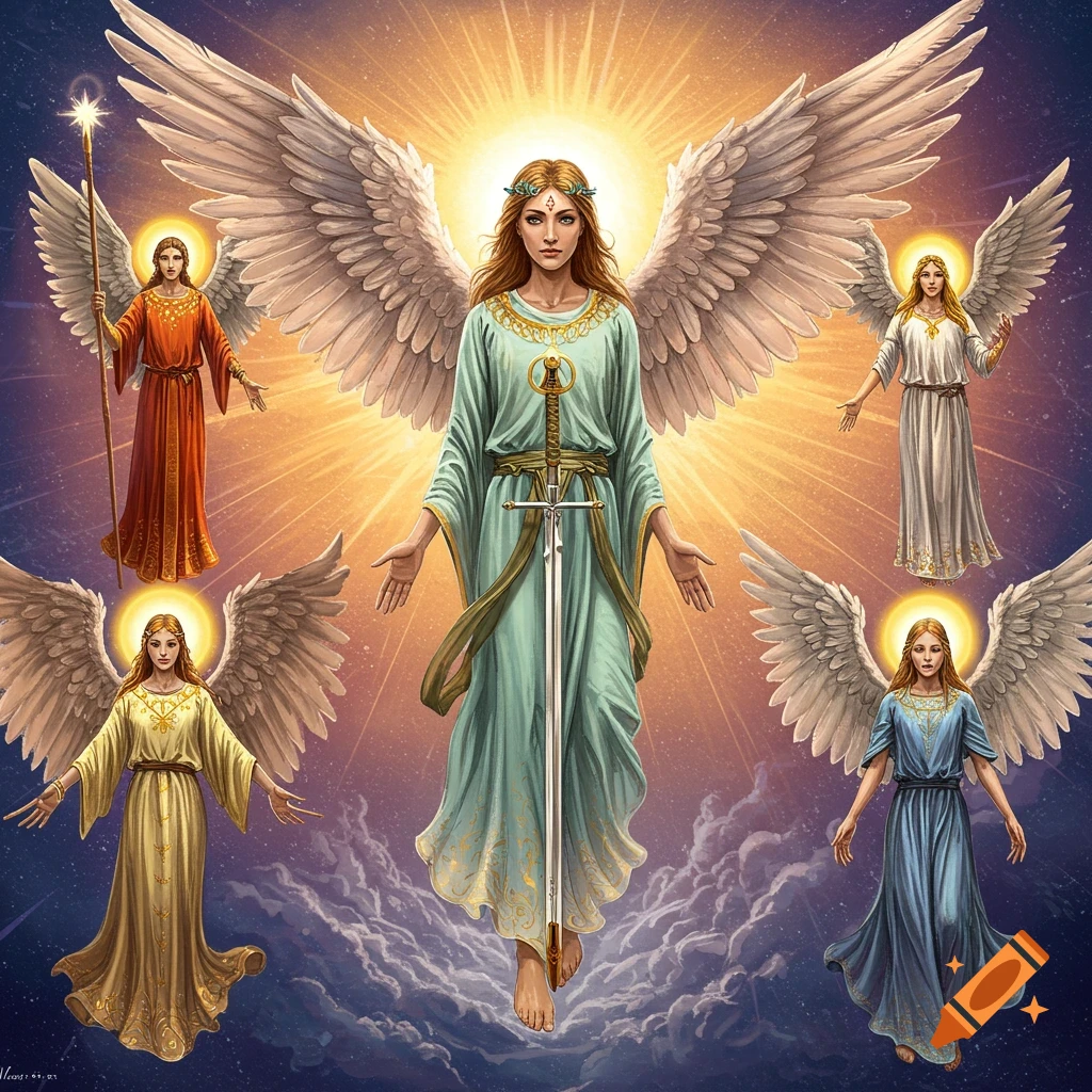 Several angels in a celestial setting, with a large central angel holding a sword.