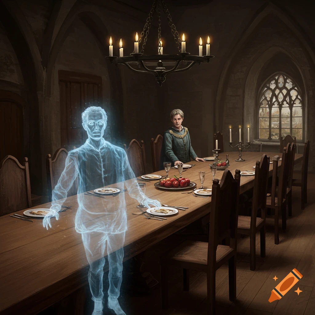 A transparent ghost stands at a long banquet table with a person seated at the far end in a dark hall.
