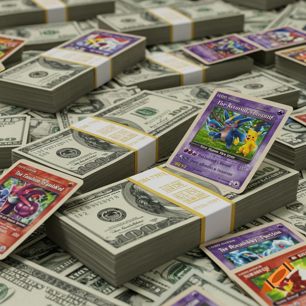 A close-up showing stacks of hundred dollar bills covered in various Pokemon trading cards.