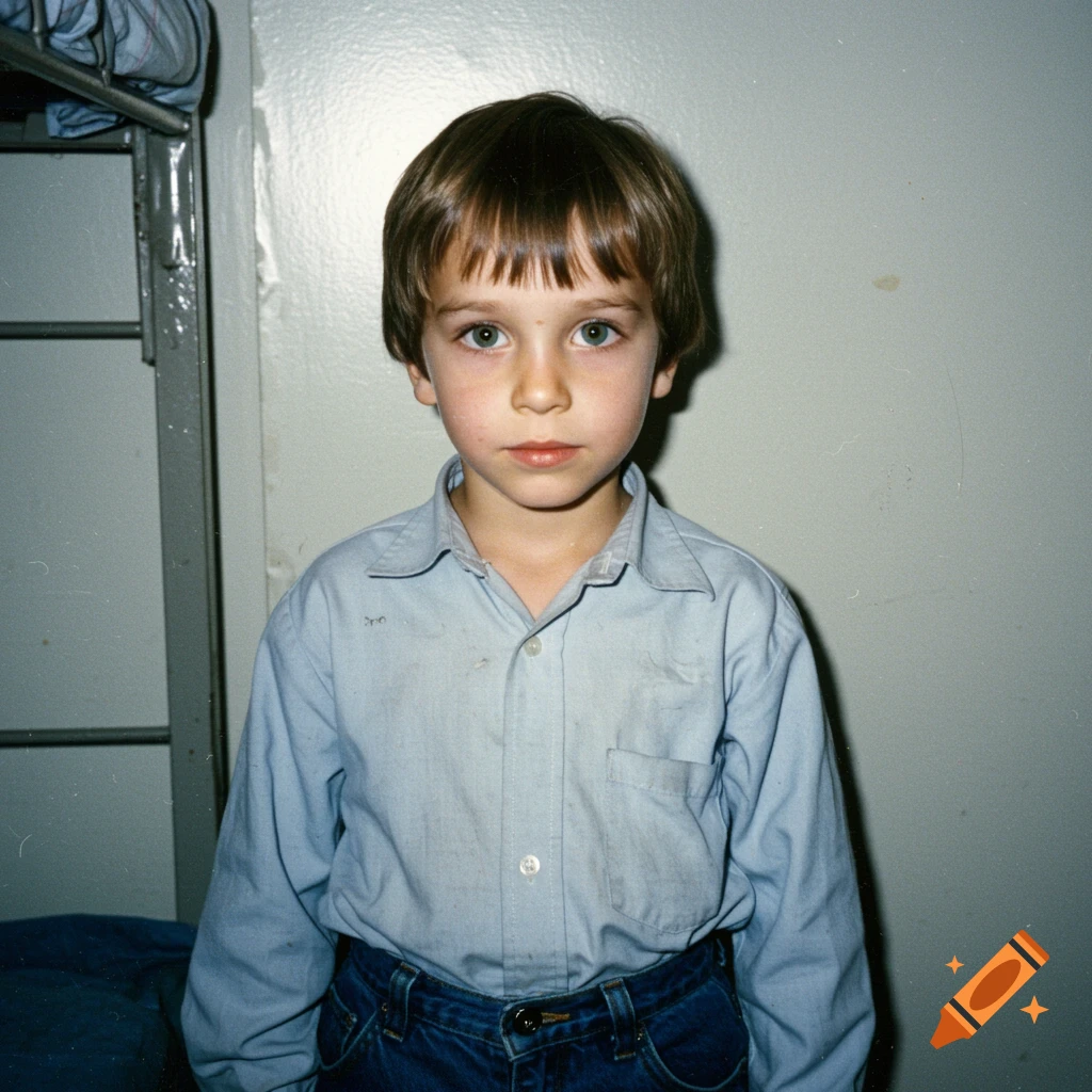 Portrait of a young boy with light brown hair and green eyes in a blue shirt, looking at the camera in a 1990s style photo.
