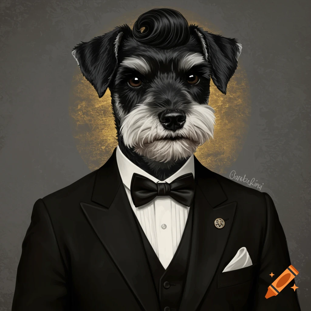 Portrait of a miniature schnauzer wearing a tuxedo and bow tie against a golden and gray background.