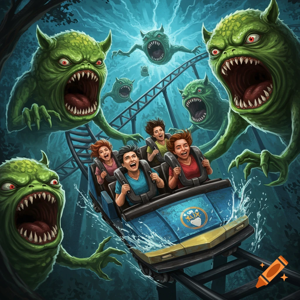 People on a roller coaster being chased by green monsters.