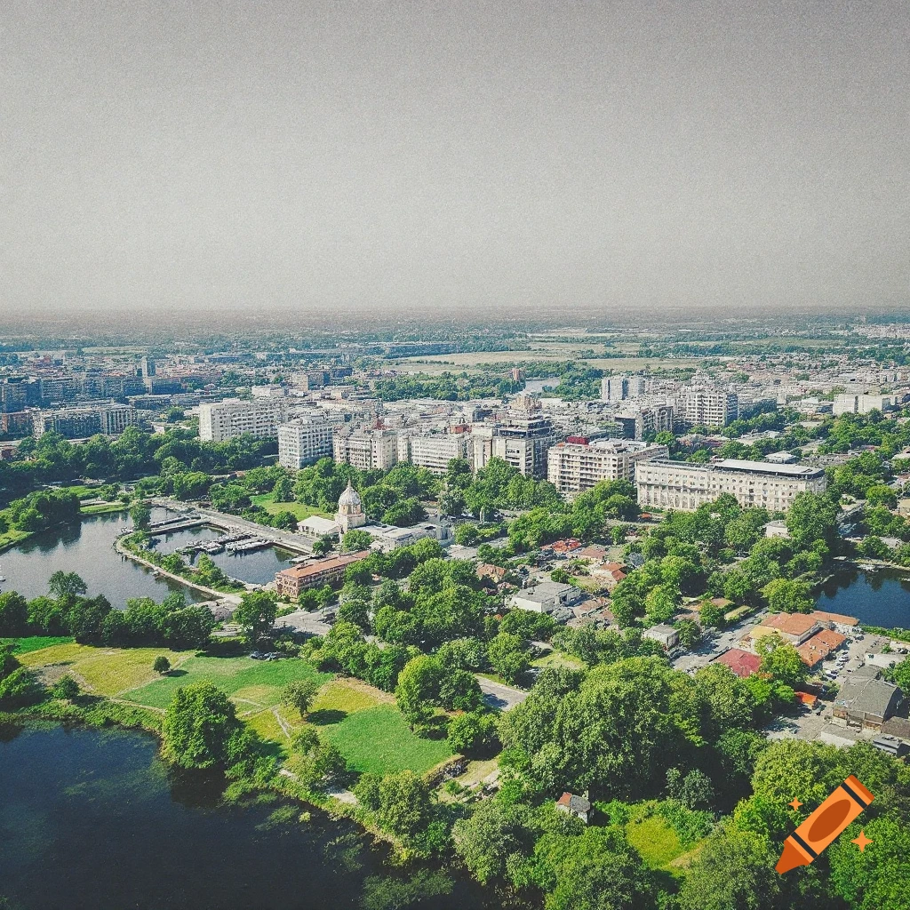 An aerial view of a city next to a lake with trees.