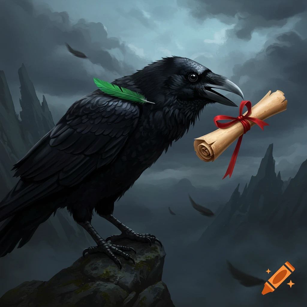 A black raven is perched on a rock, holding a scroll tied with a red ribbon, with a green feather on its wing under a dark sky.