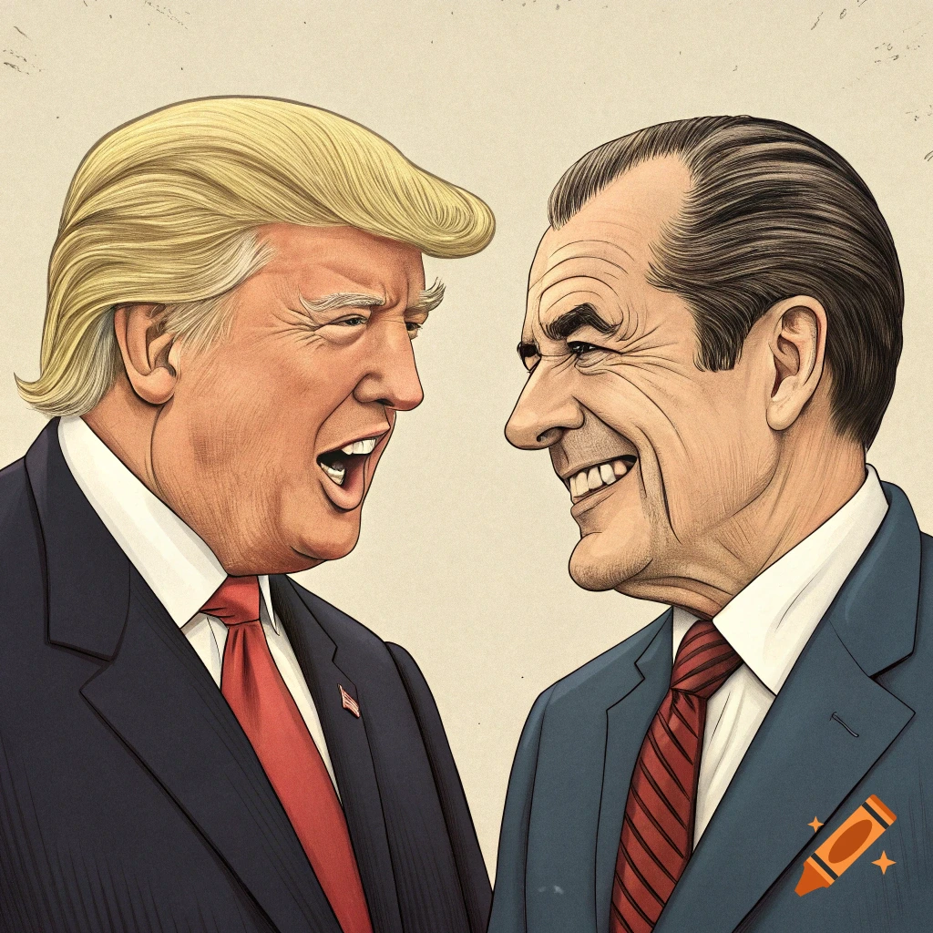 Political cartoon caricature of Donald Trump and Richard Nixon facing each other