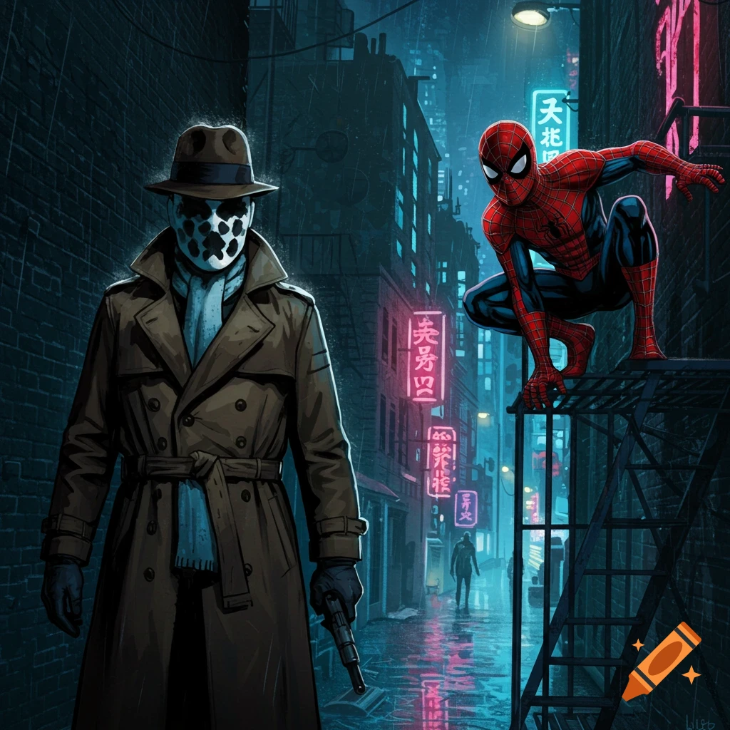 Rorschach and Spider-Man in a rainy, neon-lit city alleyway.
