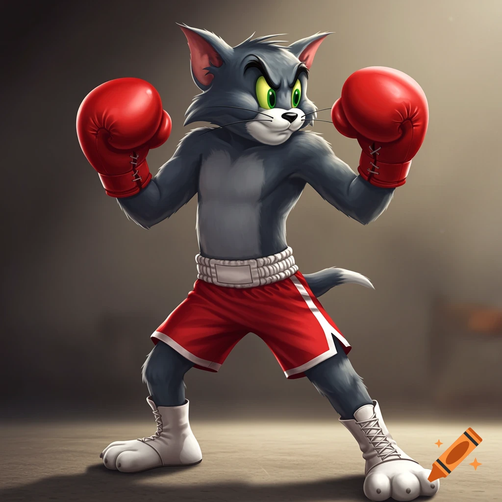 Cartoon character Tom Cat in boxing stance with red gloves and shorts
