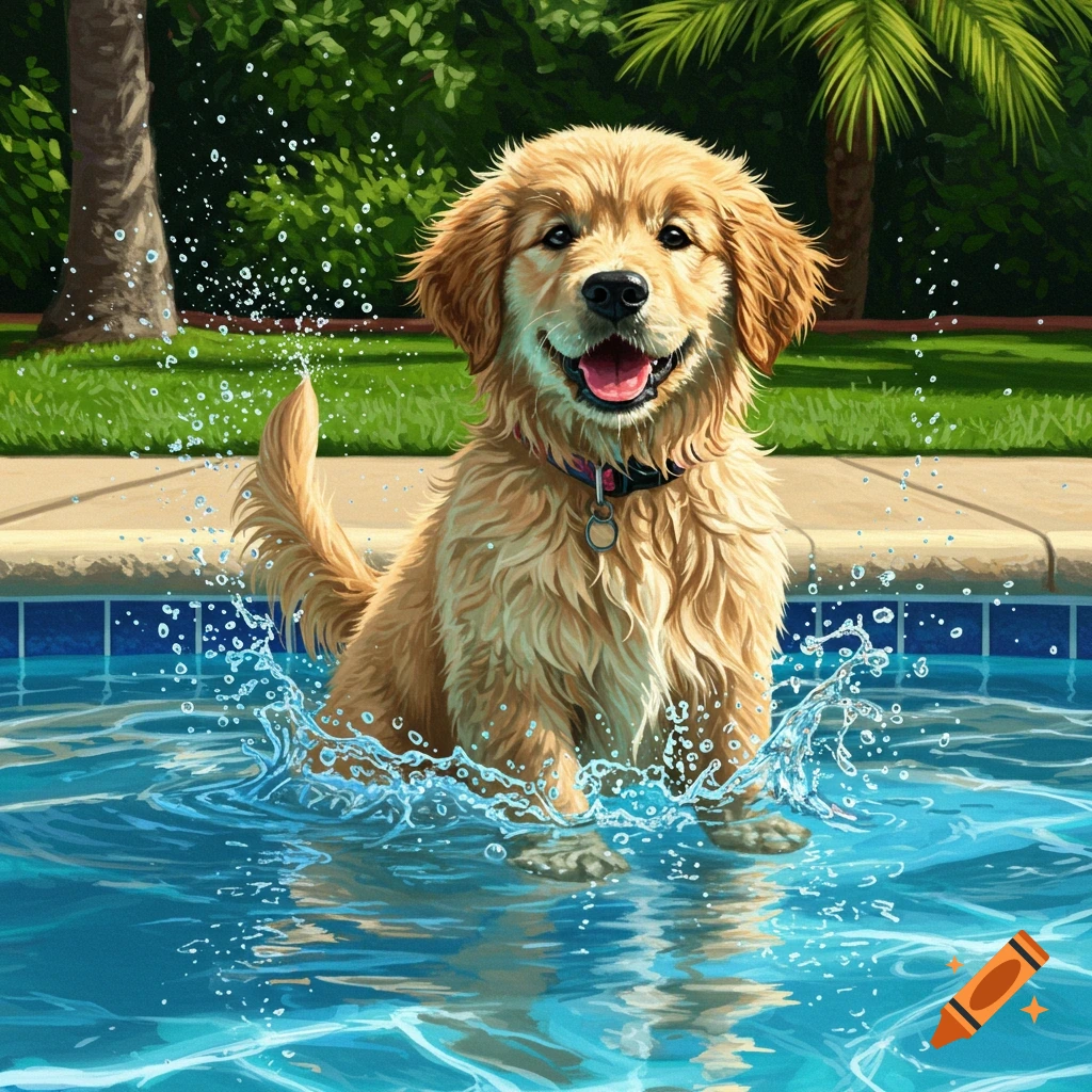 A golden retriever puppy is splashing in a swimming pool.
