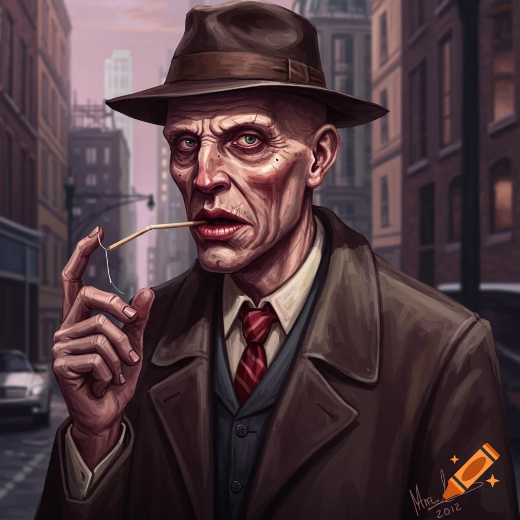 A character art of a gaunt man in a fedora and trench coat holding a straw to his mouth on a city street.