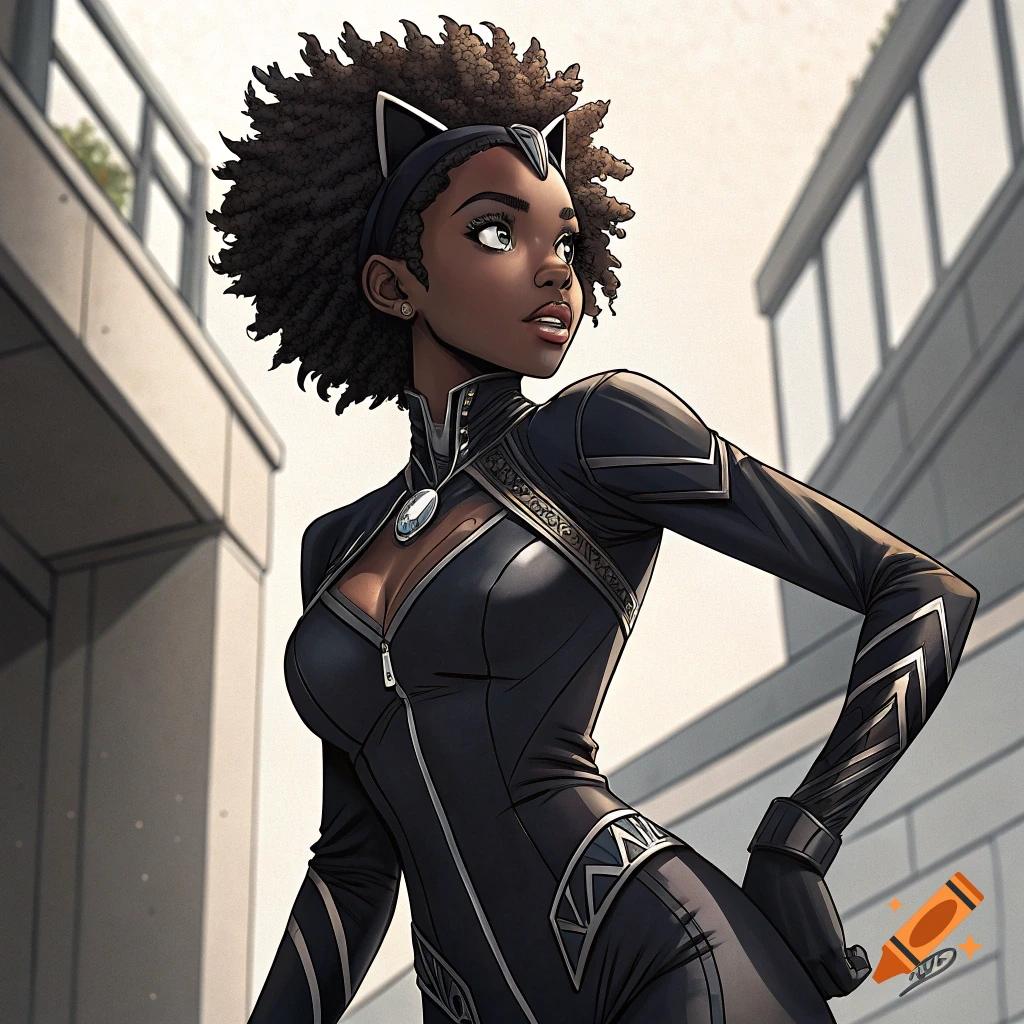 Anime-style black female character in a black catsuit with cat ears standing in an urban setting.