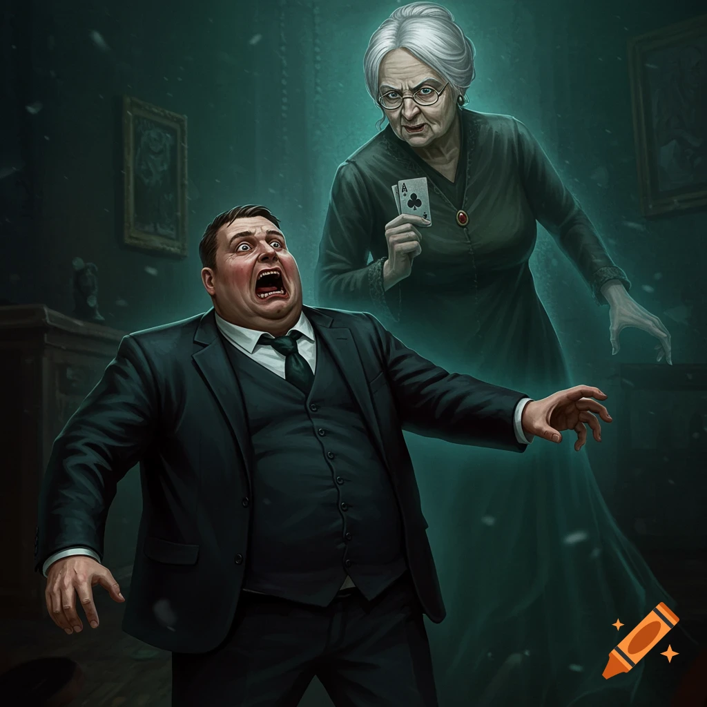 A scared man reacts to a ghostly grandma holding an ace of clubs playing card in a dark room.