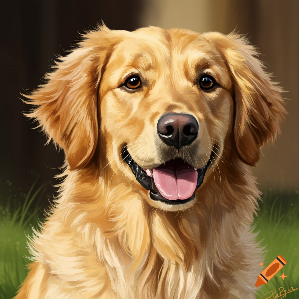 Close-up image of a smiling golden retriever dog with tongue out.