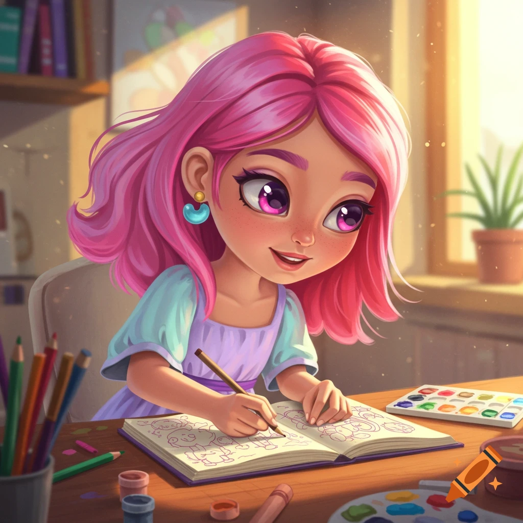 A cartoon girl with pink hair draws in a book at a desk with colored pencils and a paint palette.