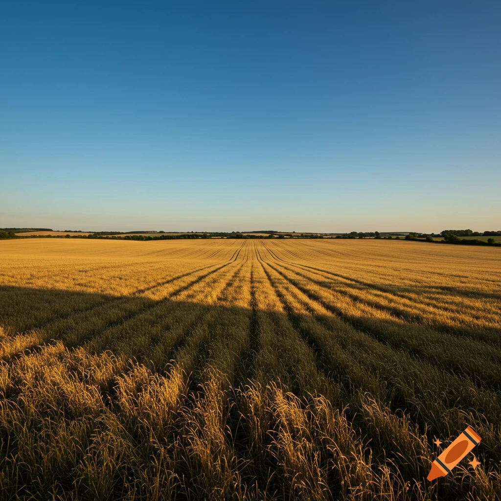 A golden field of grain with long shadows under a clear blue sky